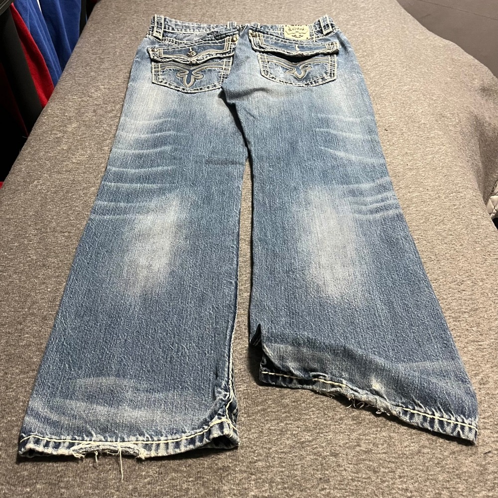 Rock Revival Leon Relaxed Straight Jeans Mens 32 Medium Wash Thick Stitch Denim